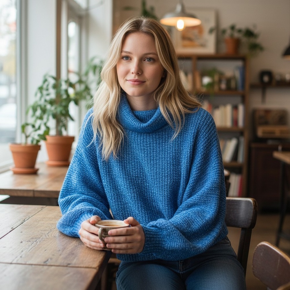 Free People Women's Medium Blue Knit Turtleneck Cropped Sweater Pullover